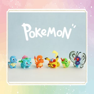 May include: A collection of seven small, colorful Pokemon characters made of beads. The characters include Squirtle, Bulbasaur, Charmander, Pikachu, Oddish, and Butterfree. The characters are arranged in a line on a light blue background. The word "Pokemon" is written in white above the characters.