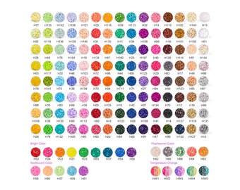 May include: A chart of 127 different colors of plastic beads, organized by color category. The categories are: Bright Color, Noctilucent Color, Pearlescent Color, and Temperature Change. Each color is labeled with a code, such as H02, H24, H22, H21, H23, H55, H37, H54, H56, H62, H69, H66, H64, H63, HW1, HW2, HW3, HW4, and HW5.