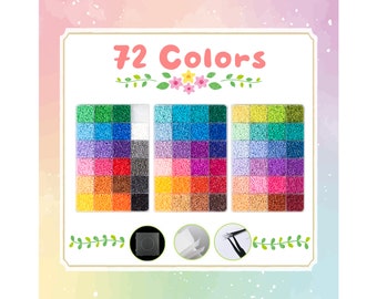 May include: A set of 72 colorful beads in small plastic containers. The beads are arranged in rows of 6 colors, with each row containing a different shade. The set includes a clear plastic container, a white plastic tray, and a pair of tweezers.