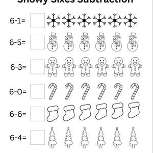 Könnte beinhalten: Schwarz-weiß Arbeitsblatt mit dem Titel "Snowy Sixes Subtraction". Das Arbeitsblatt enthält Subtraktionsaufgaben mit winterlichen Illustrationen, darunter Schneeflocken, Schneemänner, Lebkuchenmänner, Zuckerstangen, Strümpfe, Weihnachtsbäume und Pinguine. Es gibt leere Felder für Antworten.