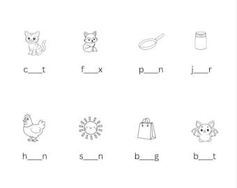 May include: A Phonics Fill-In Fun educational worksheet featuring twelve black and white line art illustrations of a cat, fox, pan, jar, hen, sun, bag, bat, pig, dog, cup, and bug, each paired with a word containing a missing short vowel letter.