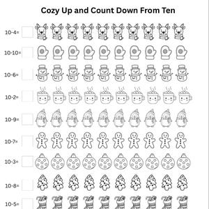 May include: A black and white worksheet titled "Cozy Up and Count Down From Ten" featuring festive illustrations. Includes reindeer, mittens, snowmen, mugs, penguins, gingerbread men, baubles, Christmas trees, stockings, and snowflakes for counting.