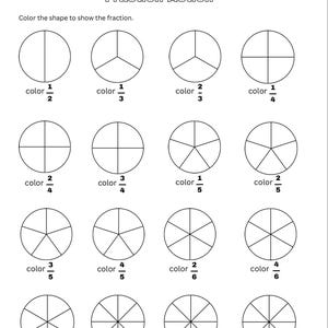 Puede incluir: Una hoja de trabajo en blanco y negro titulada "Fraction Action" con círculos divididos en secciones, etiquetados con fracciones como 1/2, 1/3 y 1/4. Las instrucciones piden colorear las formas para mostrar la fracción.