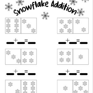Könnte beinhalten: Ein schwarz-weißes Arbeitsblatt mit dem Titel "Snowflake Addition" mit Schneeflocken-Illustrationen. Das Arbeitsblatt enthält Additionsaufgaben mit Antwortfeldern, die für das frühe Mathematiktraining konzipiert sind. Oben auf der Seite befindet sich eine Zeile für den Namen des Schülers.