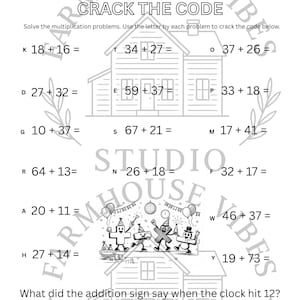 Könnte beinhalten: Ein schwarz-weißes Arbeitsblatt mit dem Text "CRACK THE CODE" und mathematischen Aufgaben. Das Arbeitsblatt enthält Illustrationen von Häusern und Figuren zum Thema Party. Der Text "What did the addition sign say when the clock hit 12?" ist ebenfalls vorhanden.