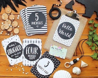 Baby | Milestone Cards | 1st Year | Photo Prop | Memories | Baby Shower Gift | Monochrome | Unisex | Hello World | 26 Card Set
