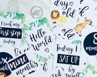 Baby | Milestone Cards | Jungle Animals Design | Unisex | 1st Year | Photo Prop | Memories | Baby Shower Gift | Hello World | 26 Card Set