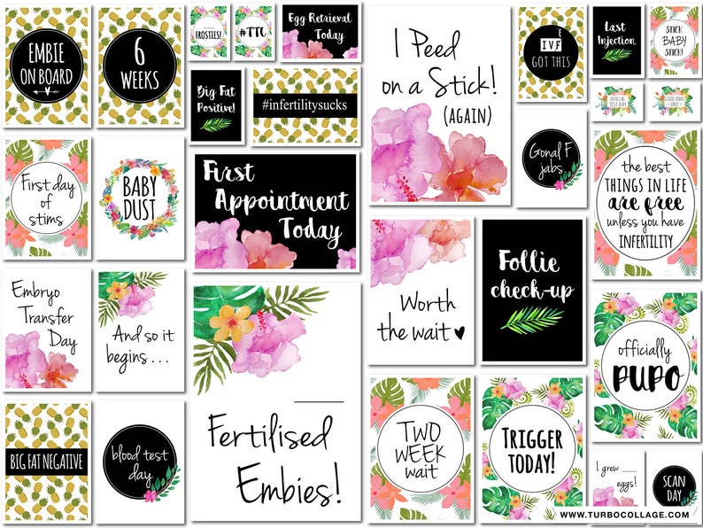 Pode incluir: Uma colagem de cart&otilde;es coloridos com texto sobre tratamentos de fertilidade, incluindo "Embie on Board", "Primeiro encontro hoje", "Embies fertilizados!" e "Disparador hoje!" Os cart&otilde;es apresentam flores e folhas tropicais, abacaxis e outros designs.