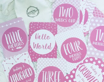 Baby | Milestone Cards | 1st Year | Photo Prop | Memories | Baby Shower Gift | Baby Girl | Pink | Hello World | 26 Card Set