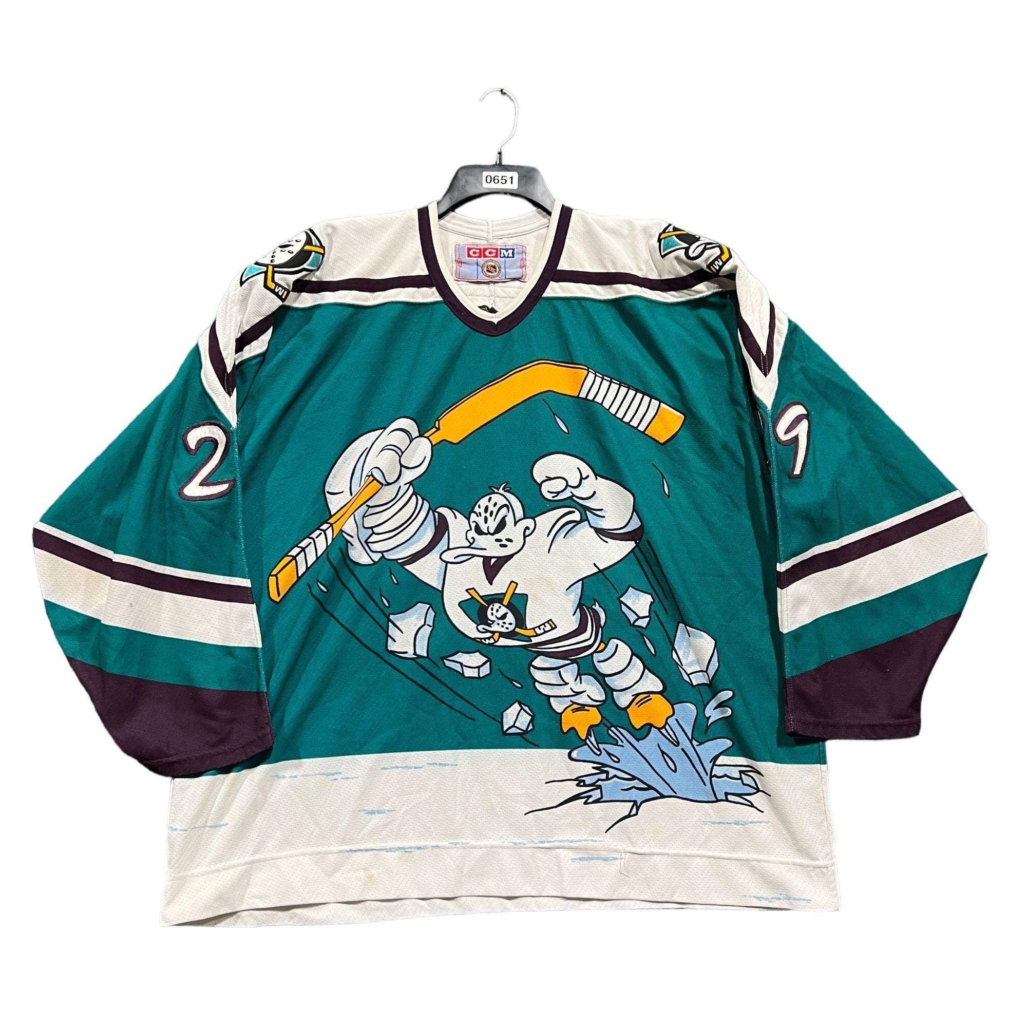ANAHEIM MIGHTY DUCKS Logo Men Purple NHL Vintage 90s Hockey Jersey L CCM Maska