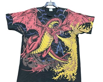 Liquid Fantasy Blue Vintage Single Etsy Print Stitch - Allover Tee Dragon 1990s