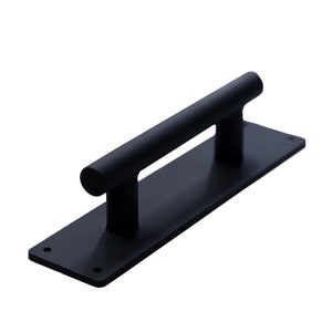 May include: Black metal door handle with a rectangular base and a long, cylindrical handle.