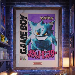 May include: A room with a framed Pok&eacute;mon poster featuring Gengar, 'Game Boy' text, and Japanese text. The room includes a desk with a computer, a gaming chair, and shelves with video game consoles, cartridges, and figurines. The walls are brick.