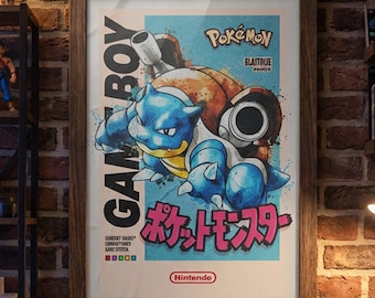 May include: Framed poster featuring a blue and brown Blastoise from Pokémon, with Japanese text and the Nintendo logo. The poster is in a wooden frame and is mounted on a brick wall. The words "Game Boy" are printed vertically on the left side.