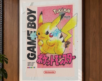 May include: A framed wall art print featuring a yellow Pikachu character on a pink background with the text GAME BOY, POKEMON, PIKACHU #025, and Nintendo. The design includes Japanese characters and a distressed, textured aesthetic with blue energy effects.