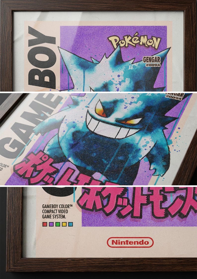 May include: Framed print featuring a Gengar Pok&eacute;mon illustration. The artwork has a purple and blue colour scheme with Japanese text and the Nintendo logo. The print is framed in a dark brown wooden frame.