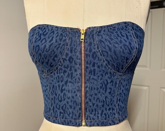 Handmade Blue Leopard Denim Corset Top | Strapless Bustier, Front Zip, Y2K Festival Outfit