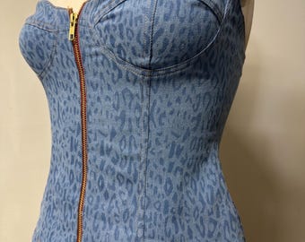 Denim Corset Top | Strapless Leopard Print Bustier, Y2K Festival Outfit