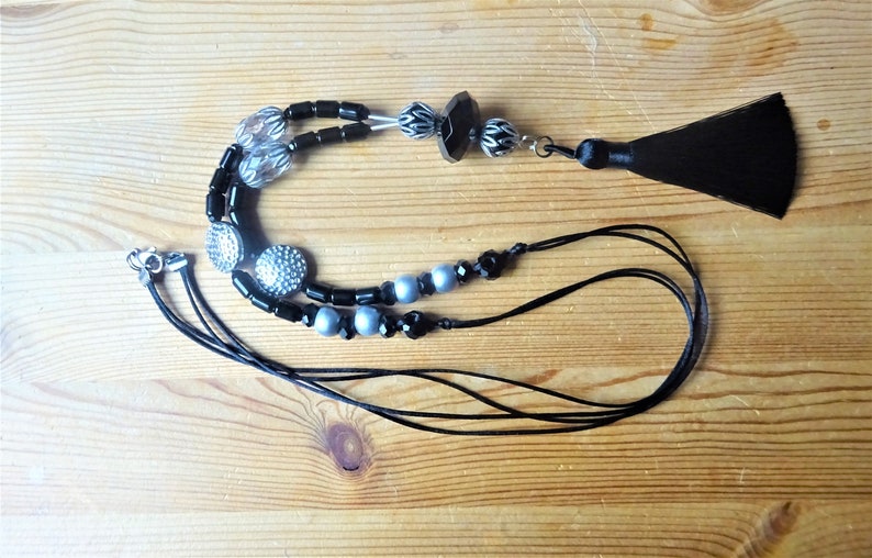 Stylish tassel necklace, black and silver, polyester tassel, boho image 1