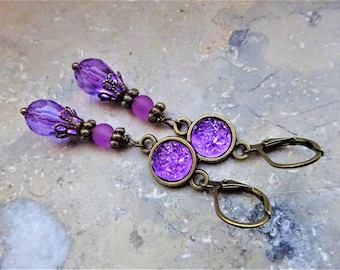 Earrings, earrings, drops, mix of boho and vintage style, bronze, purple, lilac, violet, cabochon