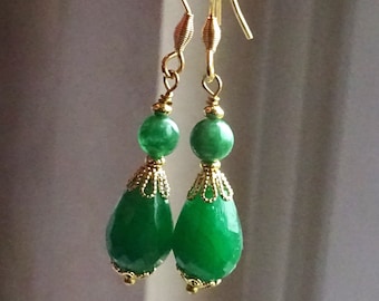 Dangle earrings, drops, real green jade, brass bead caps