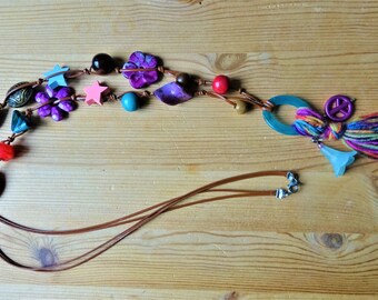 Very long tassel necklace, boho, bohemian, string, ring, flowers, hippie, tassel, stars, purple, petrol, brown