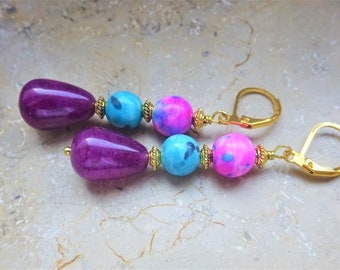 Colorful earrings made of jade beads, violet, turquoise, pink, drops, gold-colored spacers, bright colors