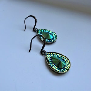 Earrings, hanging earrings, teardrop shape, bronze, dark petrol shimmering,