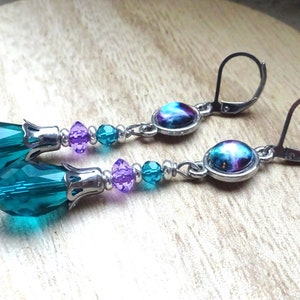 Long earrings, drops, petrol purple silver, boho, bohemian