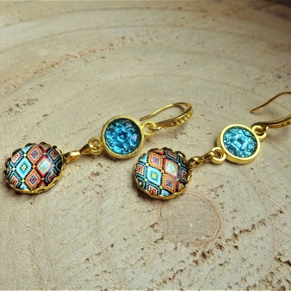 Boucles d’oreilles colorées, couleurs vives, turquoise, orange, or, boho, hippie