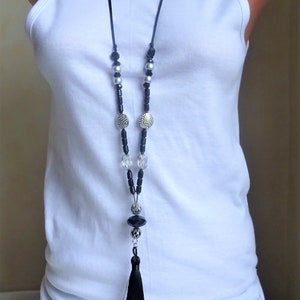 Stylish tassel necklace, black and silver, polyester tassel, boho image 2