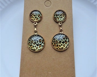 Boucles d’oreilles avec plug, motif Lion, motif léopard, Cabochon