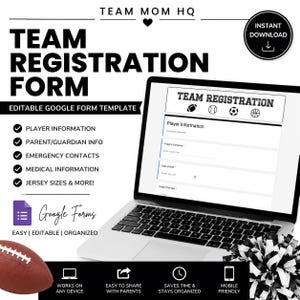 Op de afbeelding: Een bewerkbaar Google Formulier-sjabloon voor teamregistratie weergegeven op een laptopscherm. Het digitale document bevat velden voor spelerinformatie, oudergegevens, noodcontacten, medische informatie en shirtmaten, inclusief sportpictogrammen.
