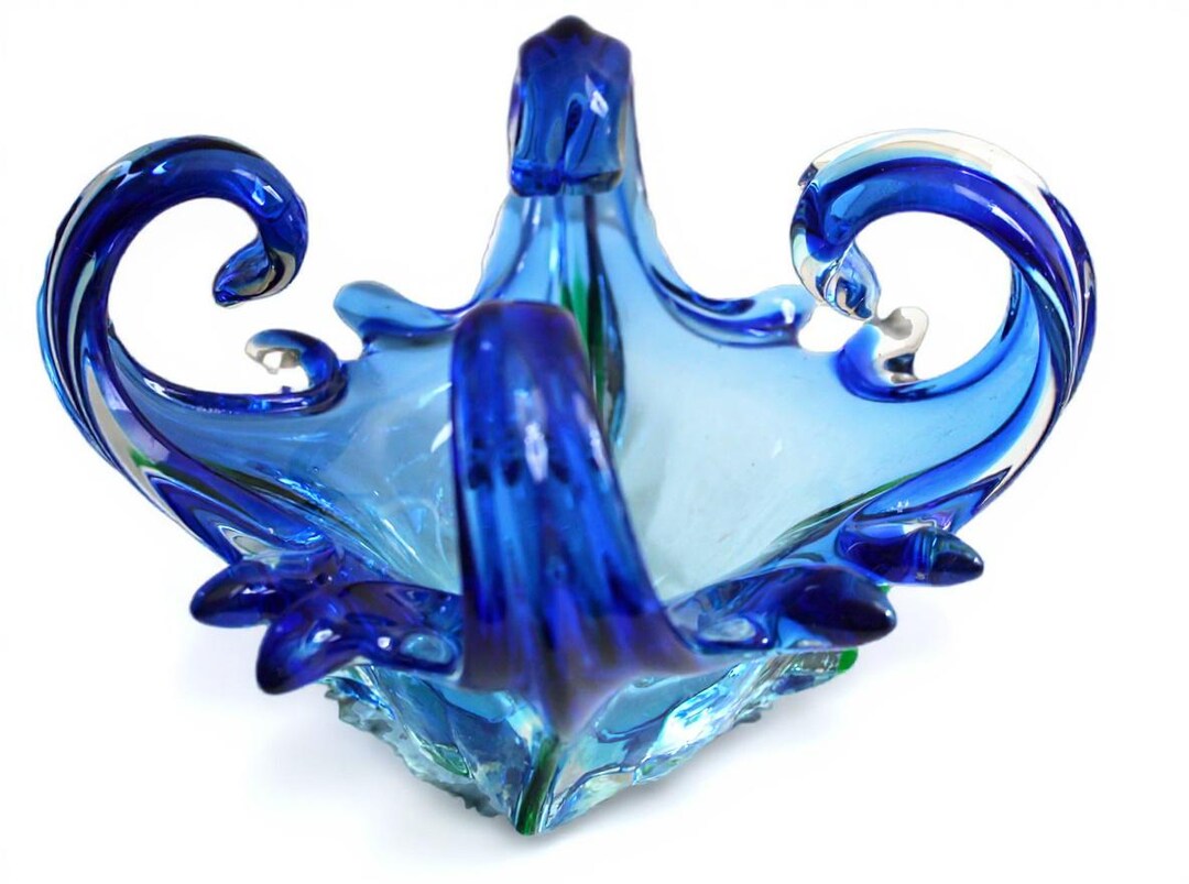 Vintage Venetian Murano JICO Blue Free-form Art Glass Basket Bowl (c ...