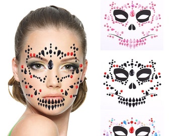 3D Visage Tatouage Autocollants Gliiter Strass Gemmes Autocollants temporaires Fun Faux Tatouages pour femmes Décoration du visage Halloween Party Makeup