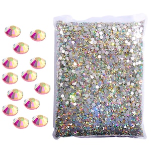 Bulk 14400pcs Crystal AB Round Flatback Gems ，Glass Rhinestones，SS3-SS20（1.3-5mm） All Sizes Clear Non Hotfix Handicraft Supplies Gems