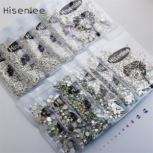 Hisenlee High Quality Super Shiny 3D Nails Art  Stones Decoration All Sizes SS3-SS40 Crystal AB Glass Flat back Non Hot fix Rhinestones