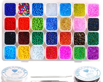22400Pcs Glass Spaced Bead 28 Colors Jewelry 2MM Waist Beads Kit with Four Spring Lines and Two Tweezers for DIY Bracelet Necklace