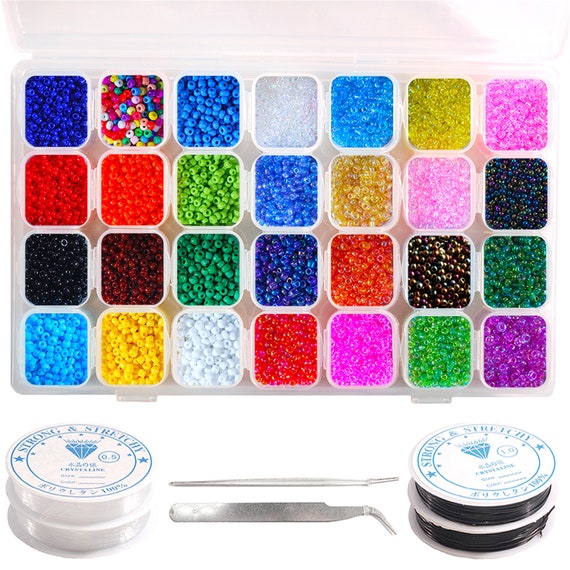 22400pcs Glass Spaced Bead 28 Colors Jewelry 2MM Waist Beads Kit With Four  Spring Lines and Two Tweezers for DIY Bracelet Necklace 