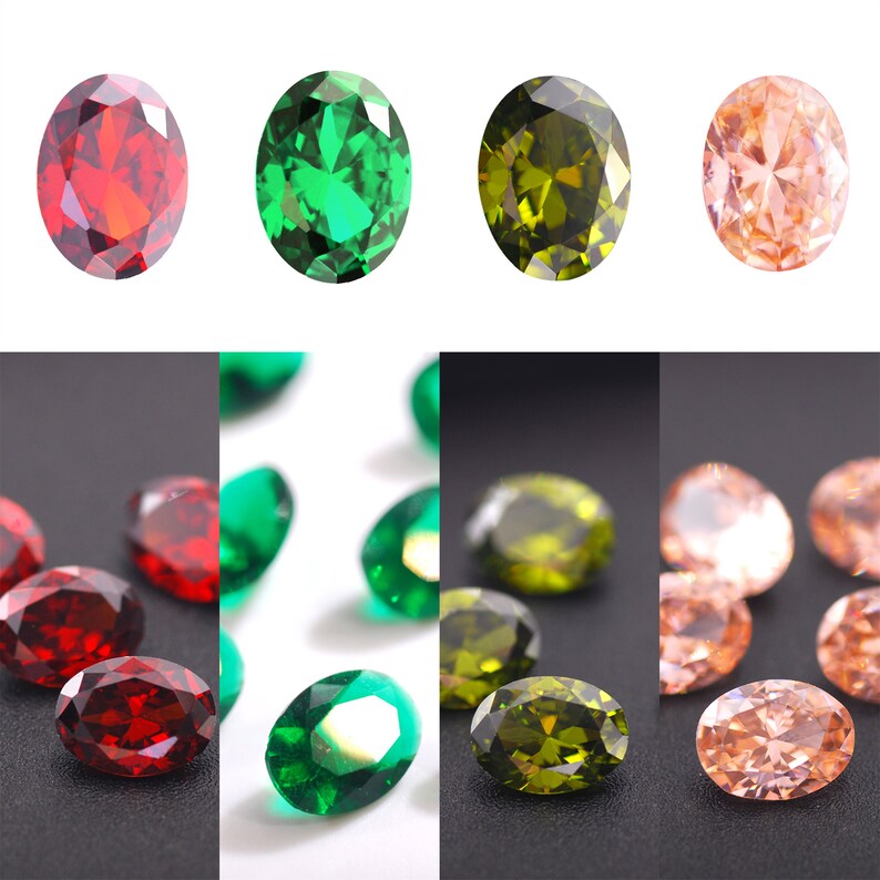 May include: Assortment of oval-shaped gemstones in red, green, olive green, and peach. The gemstones are displayed on a white background and a black background.