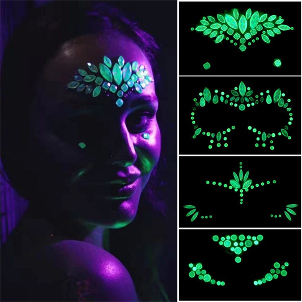 Fluorescence temporaire visage tatouage autocollants lumineux strass paillettes bijoux cristal pour nuit bal fête accessoires de mode