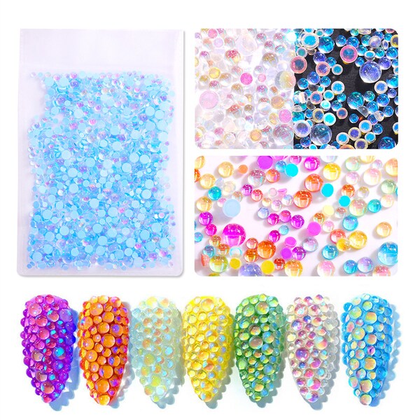 1440pcs Clear Colorful AB Glass Beads Mixed Size Half Round Mermaid Crystal Rhinestone Nail Art Decoration Jewelry Making DIY Accessories