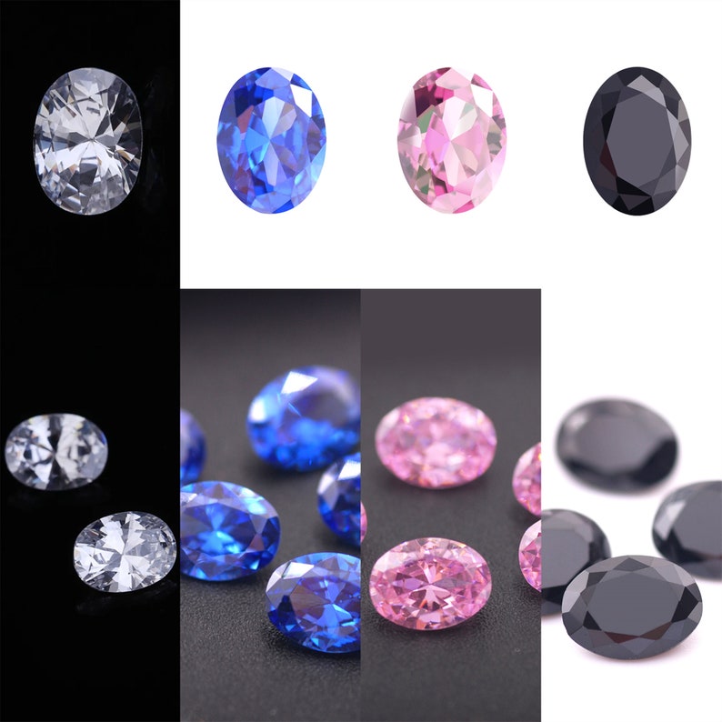May include: Assortment of oval-shaped gemstones in various colors, including clear, blue, pink, and black. The gemstones are displayed on a white background and a black background.