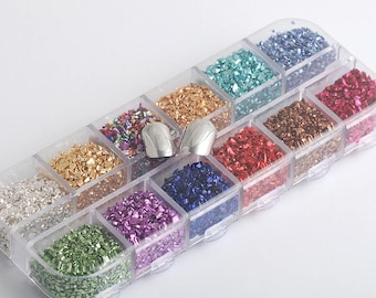 Hisenlee 12Colors 3D Nail Art Crushed Glass Powder Broken Nail Glitter Powder Decoration Rhinestones For Tips Nail Art Set 1Box