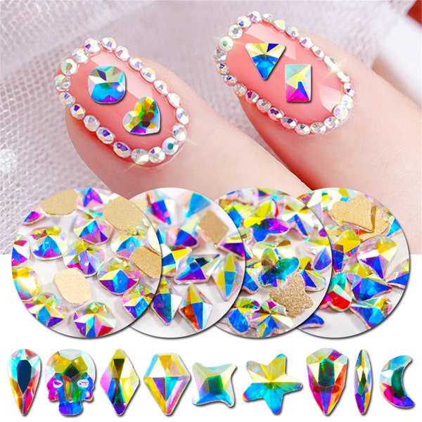 1440PCS / Sac Multi Forme et Taille Flat Bottom Glass K9 AB Crystal Glitter Strass pour DIY 3D Charm Nail Art Décoration / Vêtements Accessoires