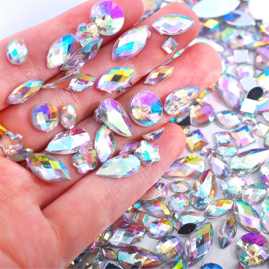 Mix Size Rhinestone 500pcs Mixed Shape Mixed Size Acrylic Crystal AB Color 3D Flatback ...