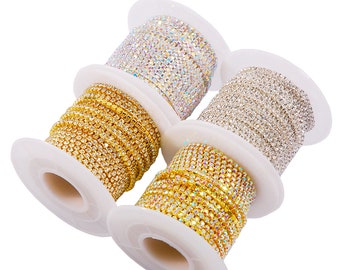 1 Reihe Strass Kette, 10 Meter, Strass Zierteile, Gold Silber überzogene Kette, 2 mm, klare Steine Strass Kette, DIY funkelndes Zubehör