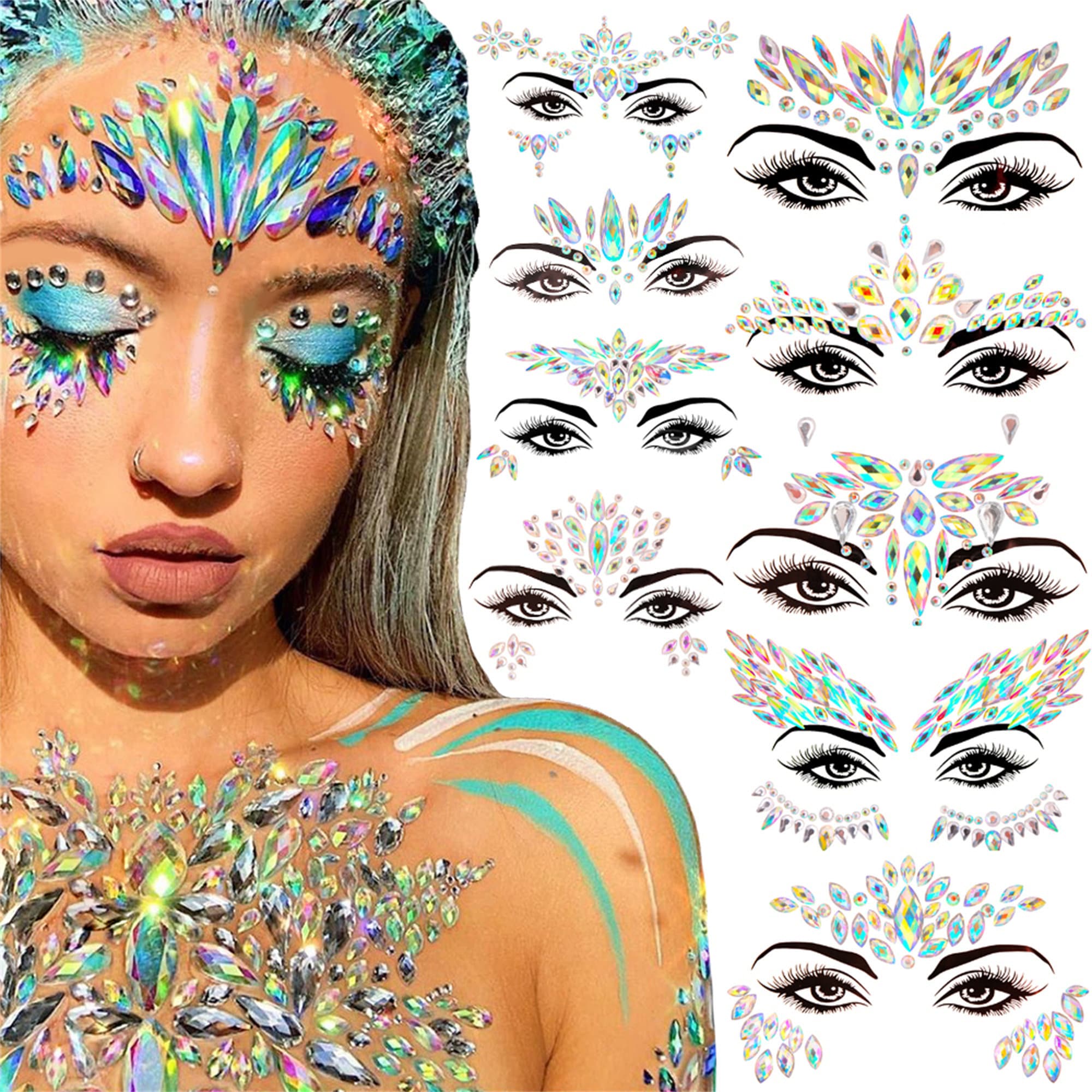 6Pcs Mermaid Face Jewels Gems Rhinestones Rave Eye Body