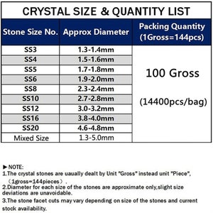 May include: A chart showing crystal sizes and quantities. The chart lists different sizes of crystals, from 1.3-1.4 mm to 4.6-4.8 mm, and the corresponding quantity per bag. The chart also includes a "Mixed Size" option, which includes crystals ranging from 1.3-5.0 mm. The chart states that 1 gross equals 144 pieces and 100 gross equals 14,400 pieces per bag.