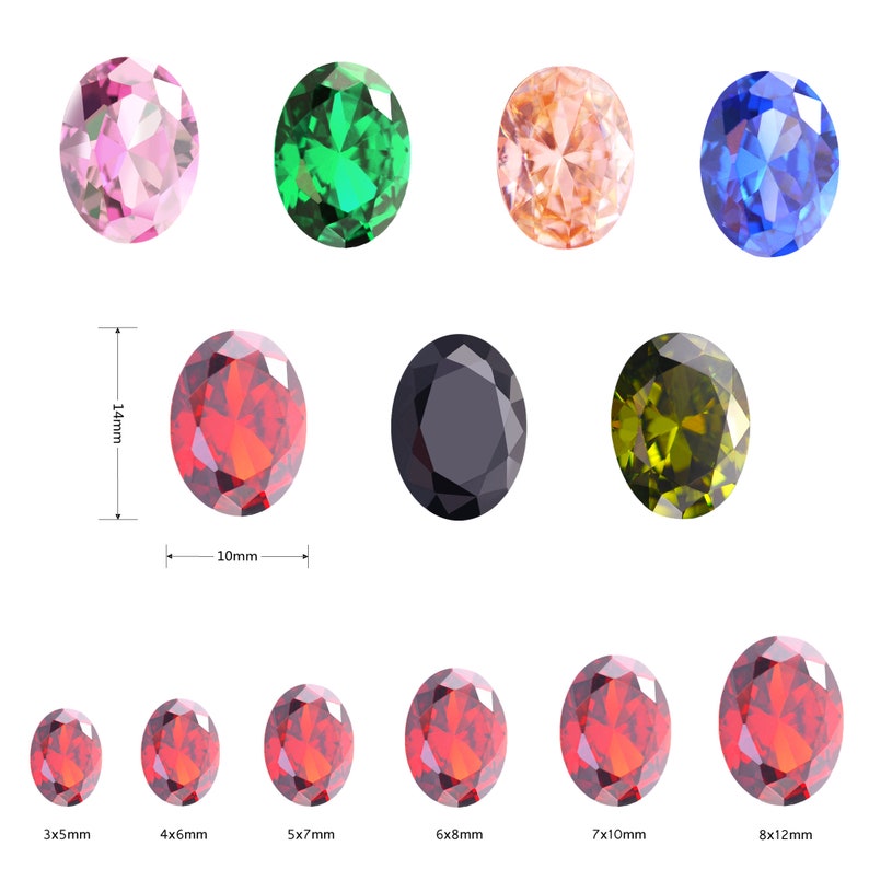 May include: Assortment of oval-shaped gemstones in various colors and sizes. The gemstones are arranged in rows, with the largest gemstones in the center and the smallest gemstones on the edges. The gemstones are all cut and polished, and they have a high degree of brilliance.
